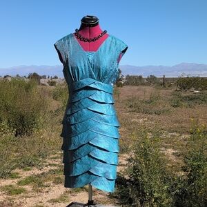 Classy & Sublime  London Times Teal Shimmer Layered Midi Dress Sz 6